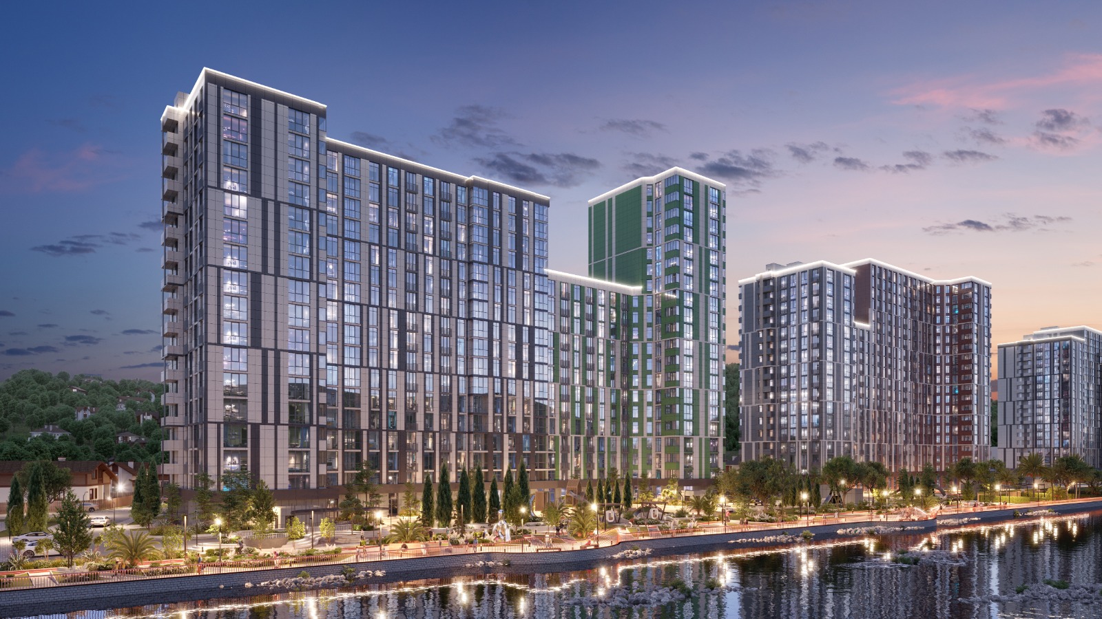 Ночная набережная в ЖК "Светский лес" в Сочи